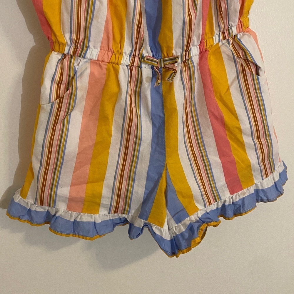 Janie and Jack Girls Size 8 Colorful Cotton Striped Ruffle Bubble Sleeve Romper - Picture 3 of 7